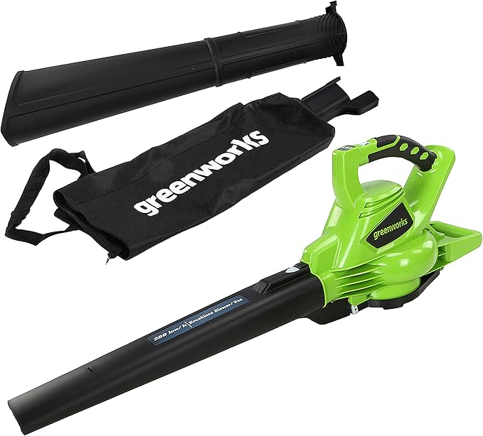 Greenworks GD40BV Cordless Leaf Blow Vac with Brushless Motor, 280km/h, 9.63m³/min, 45L Mulching Bag WITHOUT 40V Battery & Charger, 3 Year Guarantee