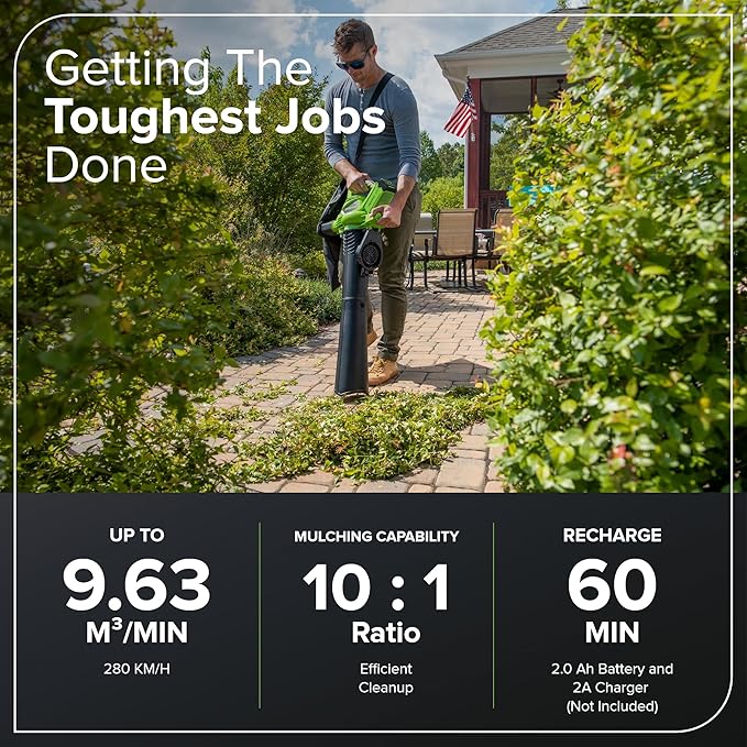 Greenworks GD40BV Cordless Leaf Blow Vac with Brushless Motor, 280km/h, 9.63m³/min, 45L Mulching Bag WITHOUT 40V Battery & Charger, 3 Year Guarantee